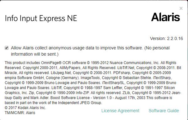 About Info Input Express The About screen for Info Input Express provides: Version of your IIX software Permission to collect statistics about