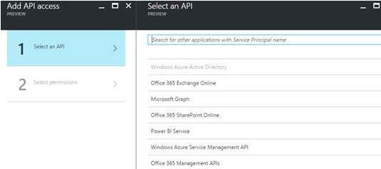 11. Select an API and then choose Office 365 SharePoint Online. Click on Select button at the bottom. 12. Select Permissions will be displayed.