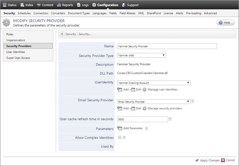 5. Configuring a Yammer Security Provider When you choose to index document permissions associated with Yammer items, the Coveo connector needs a security provider.