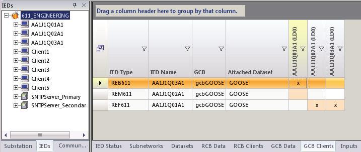 Section 5 GOOSE 1MRS757465 B 5.4.5.1 Configuring GOOSE inputs with IET600 1. Select the root node on the IEDs tab in the navigation pane. 2. Click the GCB Clients tab in the editor pane.