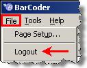 Element File>Logout BarCoder Main Menu Description Provides the ability to log out the current user.