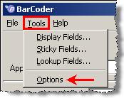Element Tools>Options BarCoder Main Menu Description