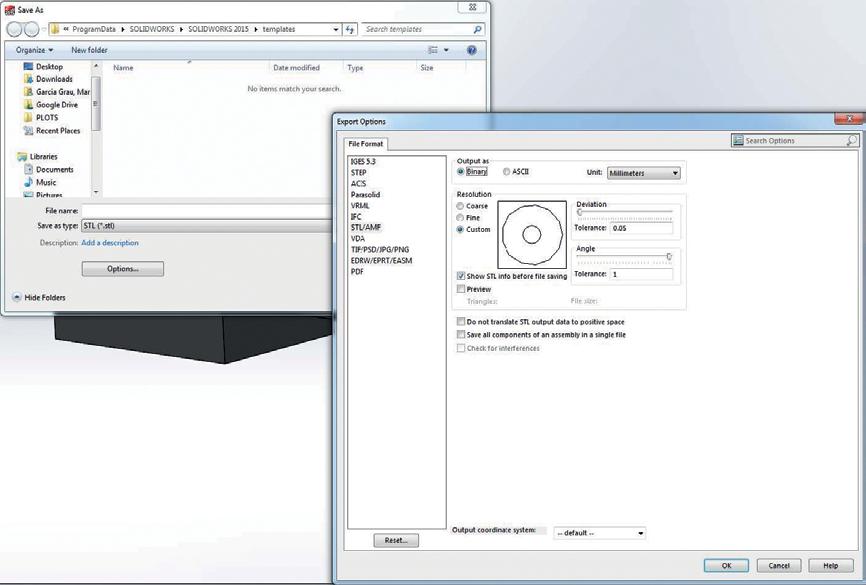SolidWorks settings 1. Click File > Save As. 2. Select STL (*.stl) as the file type. 3. Click Options. 4. Choose the Binary option. Binary files are smaller than ASCII files for the same tessellation.