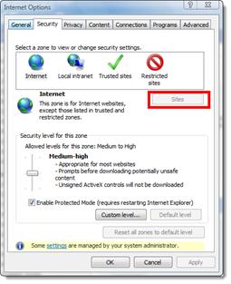 1. In Internet Explorer, browse to Tools, then Internet Options. From the Internet Option window, select the Security tab. 2.