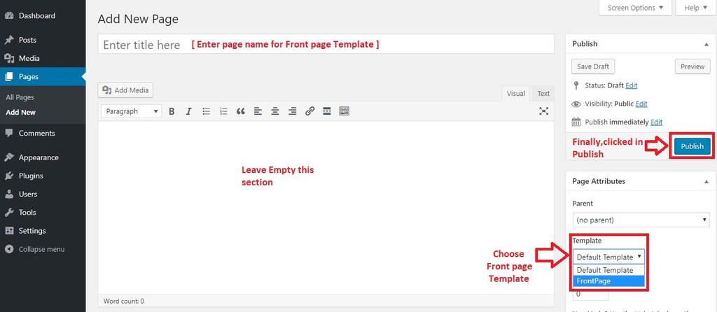 How to set up front page template?