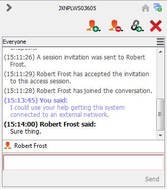 Chat with Other Users During a Shared Session The session chat window serves as a running log of everything that happens throughout the session, including files transferred and tools used.