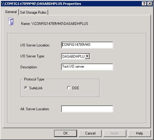 124 Chapter 4 Configuring Data Acquisition 4 Right-click on the name of the I/O Server to edit, and then click Properties. The Properties dialog box appears.