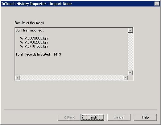 158 Chapter 6 Importing, Inserting, or Updating History Data 10 Verify the history files to import and then click Next. The Import Done dialog box appears.