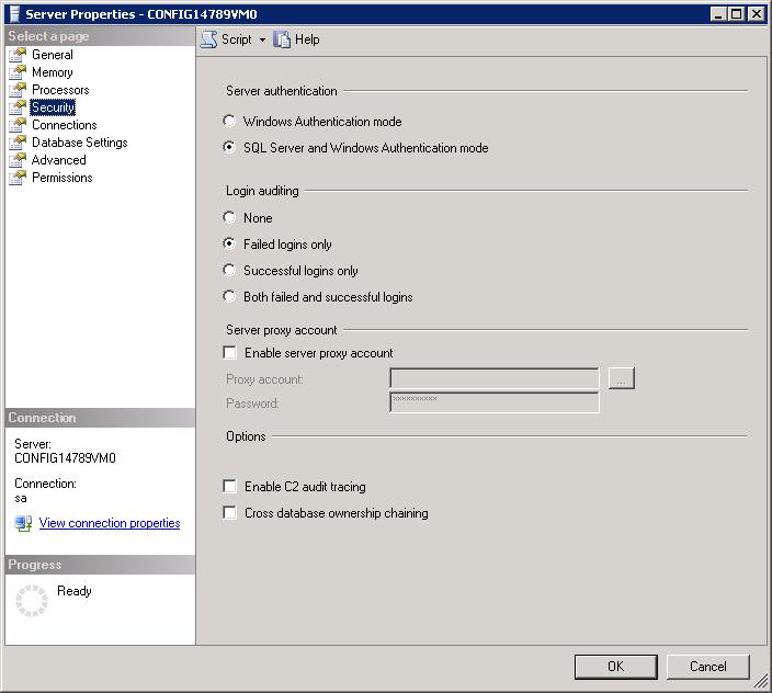 220 Chapter 8 Managing Security 4 Click the Security tab. 5 Verify the authentication mode. The SQL Server and Windows option corresponds to mixed mode authentication.