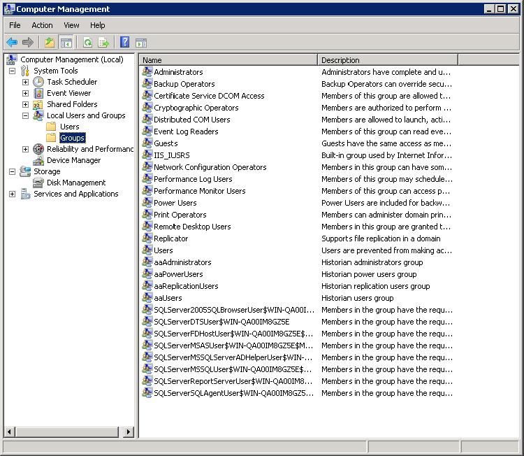 236 Chapter 8 Managing Security Adding a User to a Windows Operating System Group When the Wonderware Historian is installed, default Windows security groups are created on the server computer and