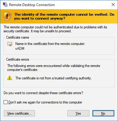 A window may appear with a certificate message about the remote computer.