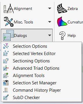 Advanced Triad Options provides some advanced tools for working with the triad in selection mode. Alignment Tools shows many of the alignment tools in a single dialog.