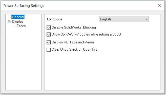 Options From the Power Surfacing menu, Options, you can change several of the default settings. General Power Surfacing lets you select from three language options. English, Spanish and XXX.