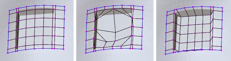 The retopo mesh showing constrained (magenta) and un-constrained vertices (black), left, adjacent constrained vertices, center, and adjacent unconstrained vertices, right.