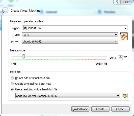 Connect the test VM to Oracle VM VirtualBox Open Oracle VM VirtualBox Manager Click on new in the manager window In the Create Virtual Machine window: Name: OHDSI HW Type: Linux Version: Umbuntu
