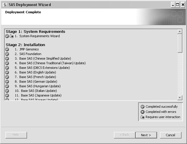 Installation Instructions for JMP Genomics 4.1 for SAS 9.2 13 Review the installation summary and click Start. The installer proceeds through updating the system requirements and the installation.