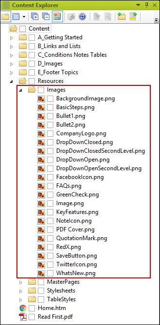 Purpose of Images If you look at the files in the Resources/Images subfolder in the Content Explorer, you'll see several PNG image files.