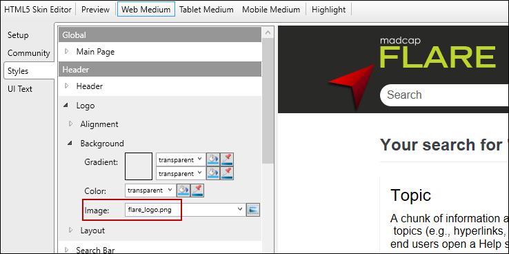 8. Click OK. Your logo displays in the preview of the HTML Skin Editor. 9.