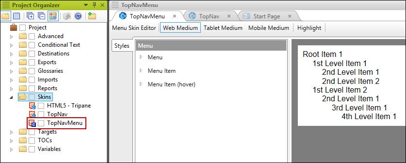 4. Click Add. The skin component is added in the Project Organizer next to the other skins, and it opens to the right in the Menu Skin Editor.