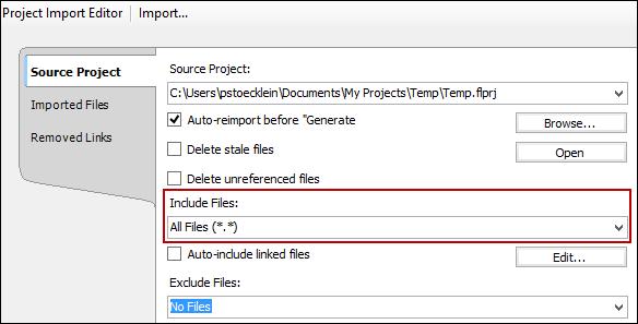 Source Project field in the Project Import Editor.