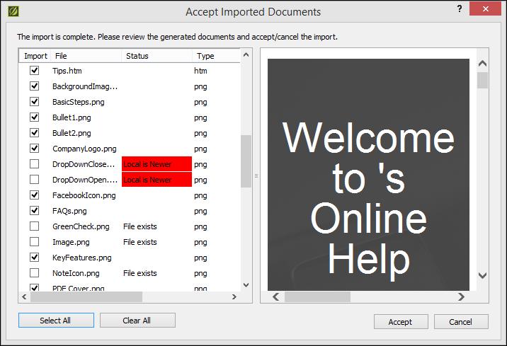 The Accept Imported Documents dialog opens. This lists and automatically selects all of the files in the Temp project that do not already exist in the Legacy project.