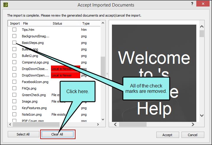 10. Remember, we do not want to import all of the files, but rather only a few of them. So at the bottom of this dialog, click Clear All to remove all of the check marks. 11.