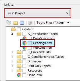 b. In the Link to section, select File in Project.