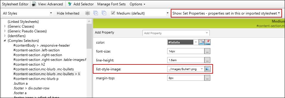 7. On the right side of the local toolbar, click the Show drop-down field and select Show: Set Properties.