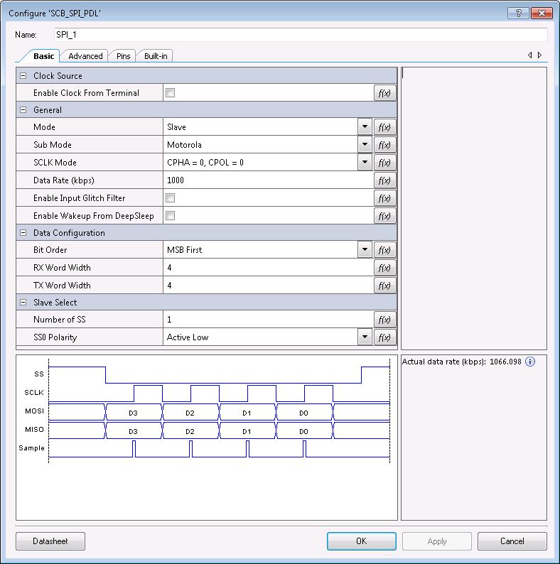 SPI (SCB_SPI_PDL) PSoC Creator Component Datasheet Component Parameters The SCB_SPI_PDL Component Configure dialog allows you to edit the configuration parameters for the
