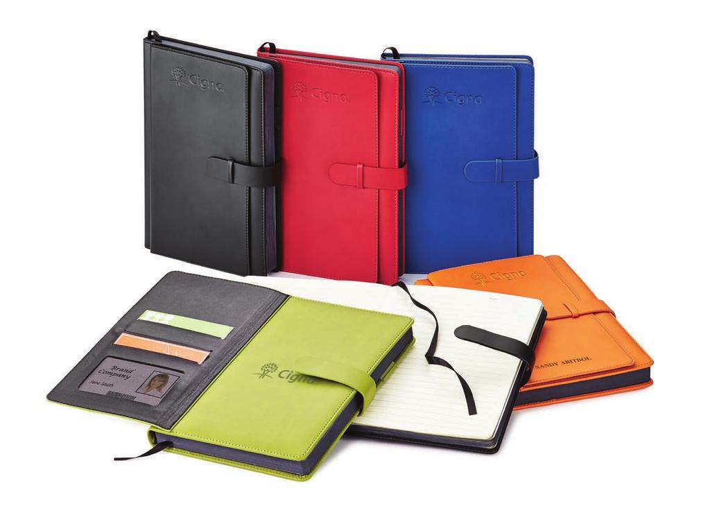 (nonrefillable), a matching strap closure and a matching color elastic pen loop inside back cover (pen not included) Dual-cover includes 2 card slots