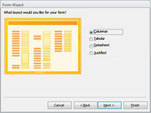 Lesson 9 Creating Basic Forms 7. Select the desired form layout. 8. Click the Next button.