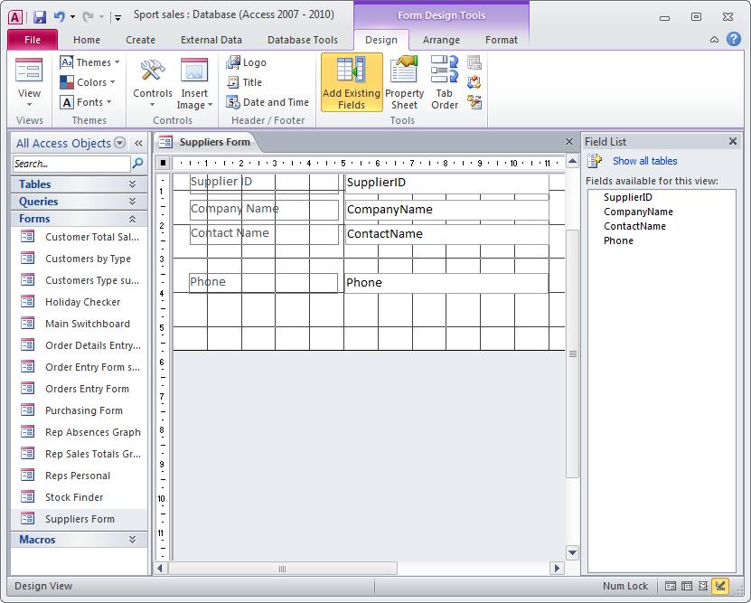 Lesson 11 Editing Forms and Reports in Design View 2. In the Tools group, click the Add Existing Fields button.