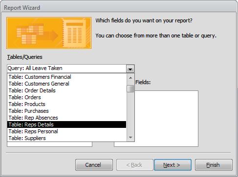 Specify the fields you want to include in the report by selecting each in turn and clicking on the right arrow or, by double-clicking on each field to be included. 6. Click the Next button. 7.