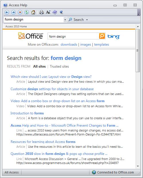 If you have an active internet connection, Help also searches the Microsoft website for additional help, articles, tips, templates, training, and downloads.