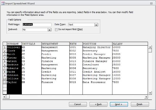 Appendix B Exchanging Data with Excel 11. Specify options, if necessary, for the first field (ie. Field Name: Indexed: Data Type: Do not import field (Skip)). 12.