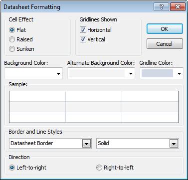 Lesson 5 Viewing and Formatting Datasheets 3. Click the dialog launcher in bottom right corner of the Text Formatting group. 4. Choose options for your gridlines and cell backgrounds. 5. Click OK.