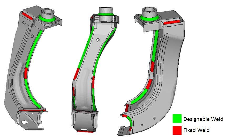 Figure 9: Fixed and Designable Weld Locations The original tower distortion due to welding is shown below.