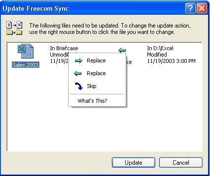 The green arrow next to the selected file changes to a blue one, indicating that this file will not be synchronized.