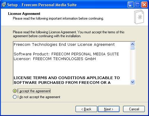 Select the target folder and program folder in the start menu in which the Freecom Personal Media Suite symbol is to