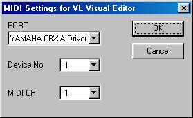 MIDI Settings Windows Select [VL Visual Editor MIDI...] from the [Setup] Menu to open the dialog box, which lets you select the MIDI Port, Device Number and Transmit Channel to send.