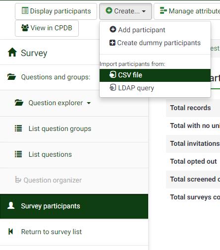 After this is done (or if you do not have any more attributes), on the Survey participants page on the survey home screen, press the Create and import particiants from a CSV file to start creating a
