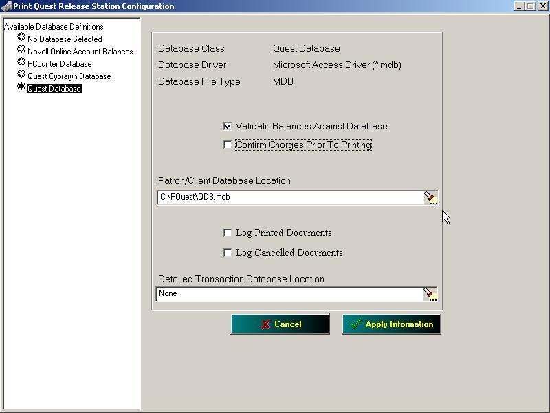 Press Select Appropriate Database to display the database selection screen. (Fig 29) Fig 29 The available databases are listed on the left side of the screen.