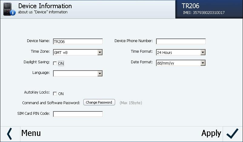 TR-206 page 51 TR-206 Device Information Click icon to access the device information settings. Here you can change the device name, the device phone number, the time zone, and your login password.
