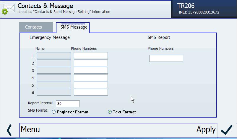 TR-206 page 54 Setting up phone number(s) to receive emergency messages Click icon and then click the SMS Message tab to access the SOS emergency message options.