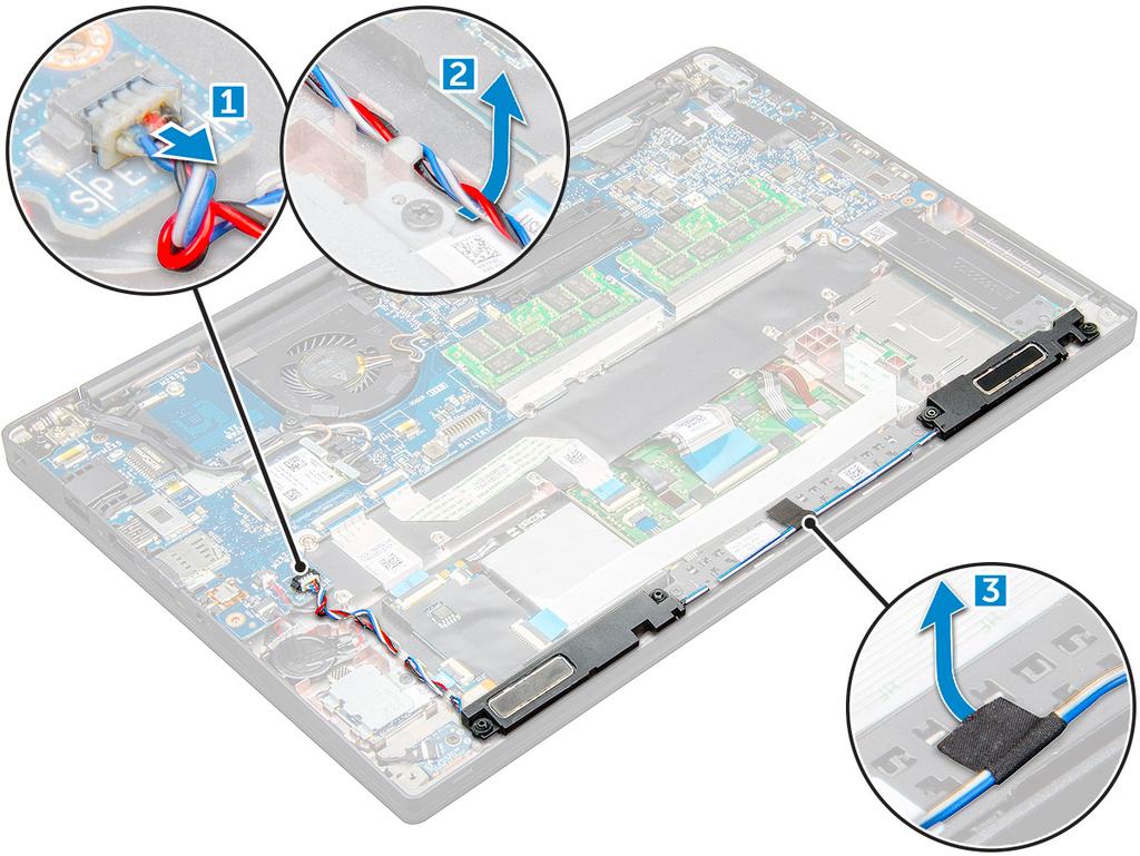 3 To release the speaker module: a Push the pin to disconnect the speaker cable from the connector on the system board [1]. NOTE: Ensure to unroute the speaker cable from the routing clip.