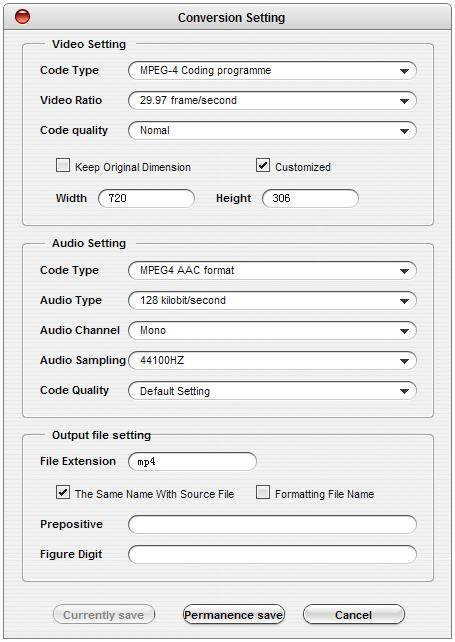 Conversion settings Click the setting button tings panel,to set your video files parameters. Video Code Type : Setting the type of video coding.