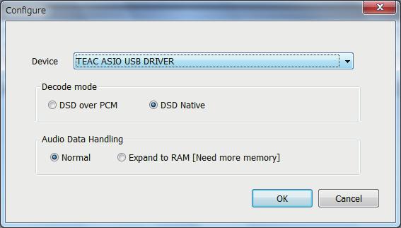 Making settings in Windows (continued) Starting the software When the Configure window opens, set the Device item to the connected USB DAC (device name, etc.). Start this software after connecting the USB DAC device.
