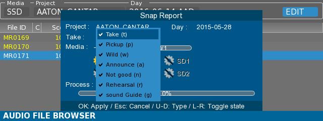 The Snap Report Process may filter takes according to their type. Select the Take field and press the Ok button to display a choice list where desired take types may be selected.