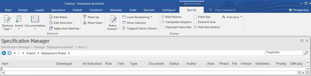 Specification Manager - Overview The Specification Manager is a document-based interface to a selected Package in the model, providing the means of creating and reviewing elements as text