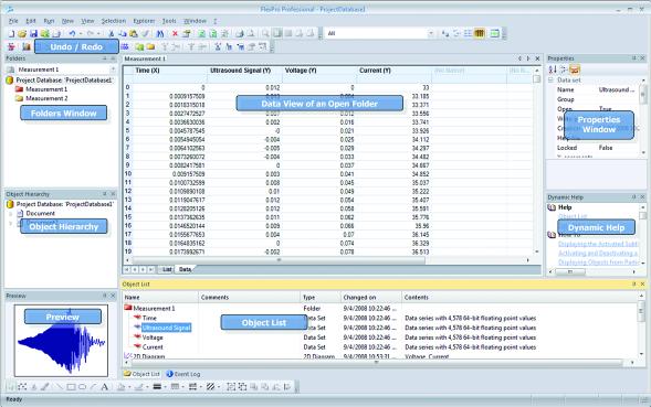 Managing Data with FlexPro FlexPro stores all objects generated by you such as data sets, diagrams, folders, etc. in a project database that appears in FlexPro's main window.